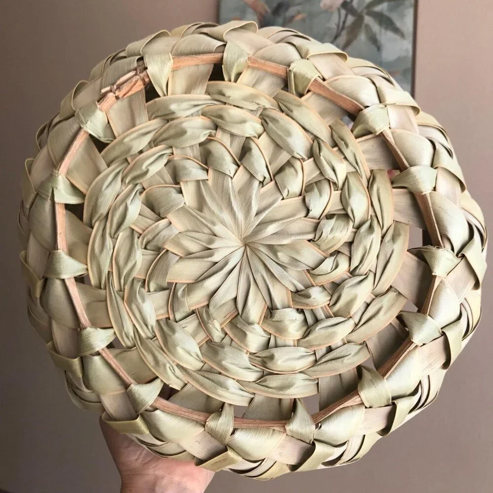 Mid-Century Modern Palm Leaf Woven Basket w/ Hand‎ Carved Faux Fruit